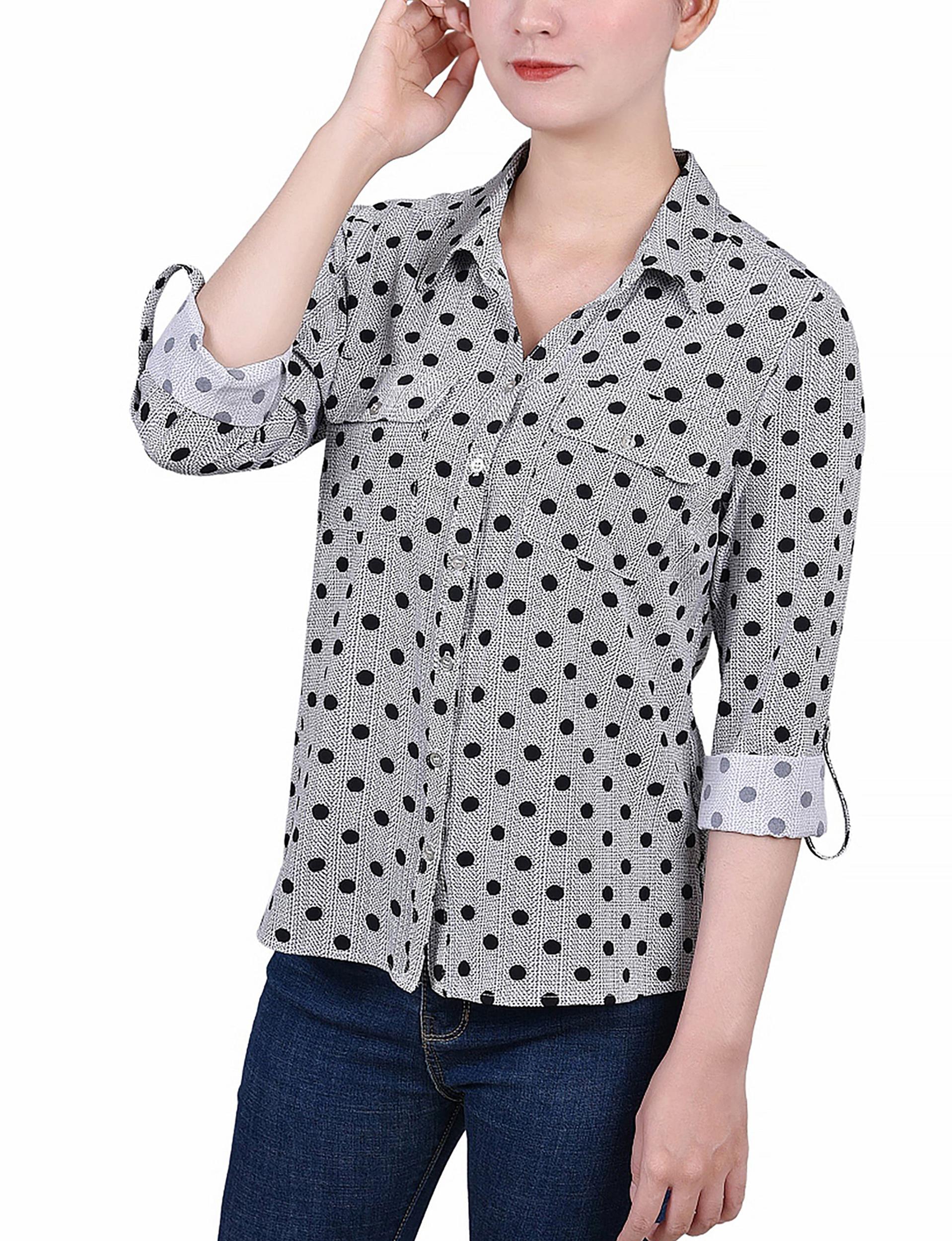 Black White Abstract Dot 3/4 Roll Tab Blouse With Pockets - Petite Product Image