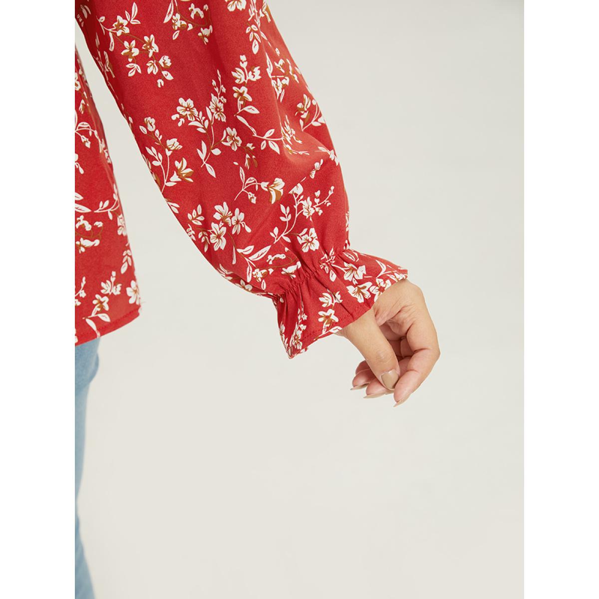 Plus Size Rust Floral Print Ruched Lantern Sleeve Blouse Women Elegant Long Sleeve V-neck Dailywear Blouses BloomChic 14-16/1X Product Image