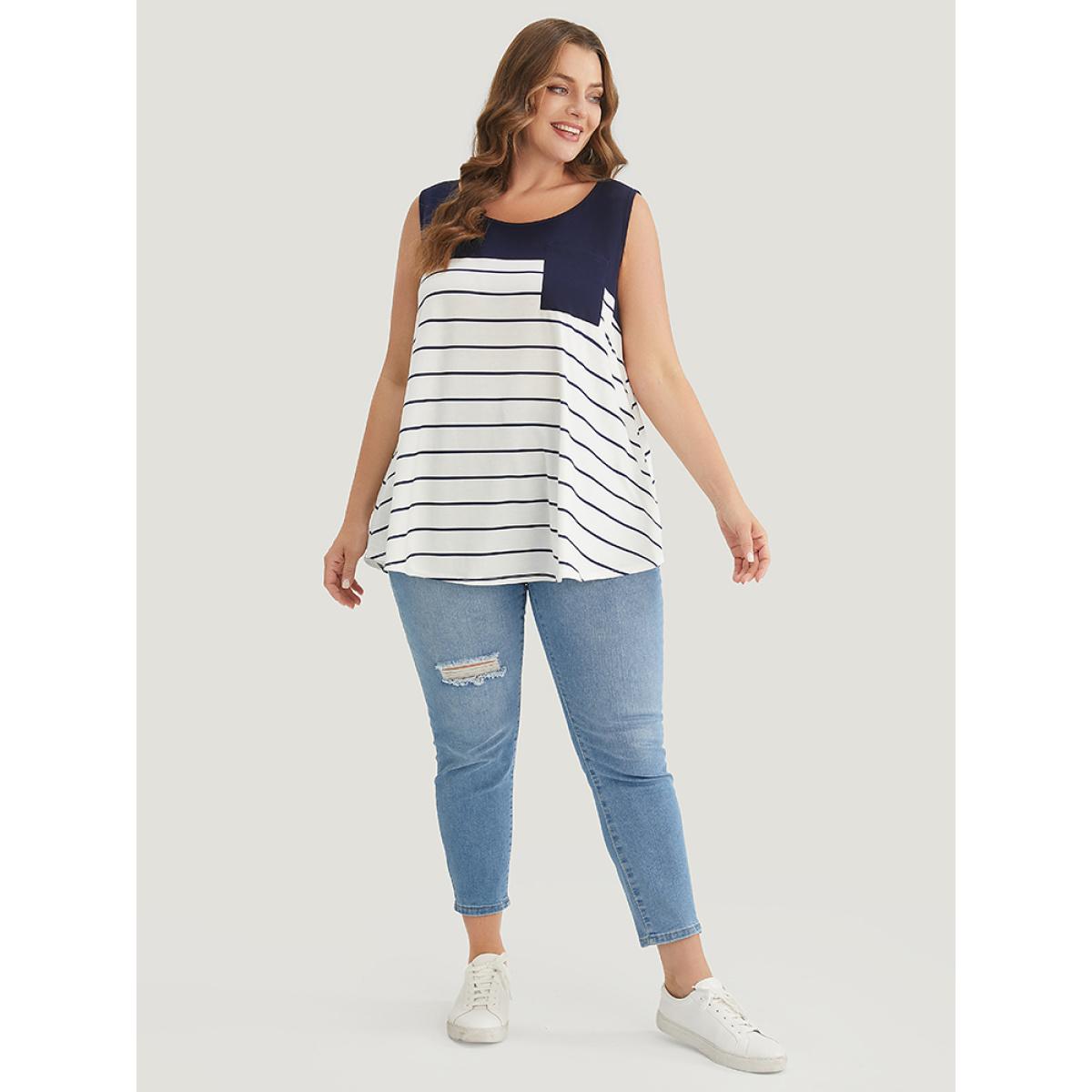 Plus Size Striped Patchwork Pocket Tank Top Women Navy Casual Round Neck Dailywear Tank Tops Camis BloomChic 28/5X Product Image
