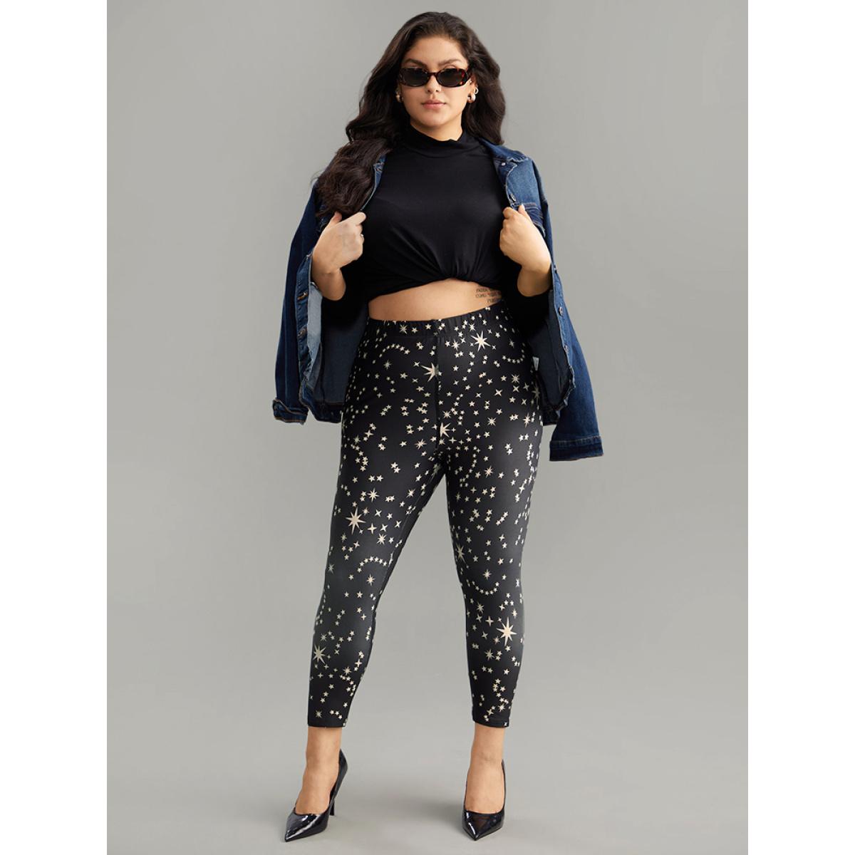 Plus Size Star Print High Rise Skinny Leggings Women Black Casual High stretch Skinny High Rise Dailywear Leggings BloomChic 28/5X Product Image