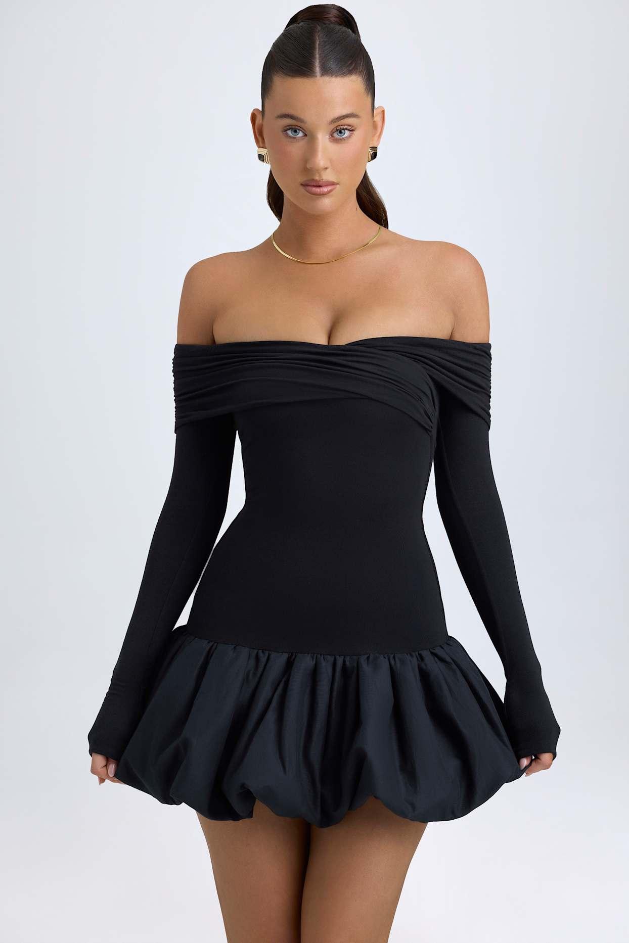 Modal Off-Shoulder Bubble Hem Mini Dress in Black Product Image