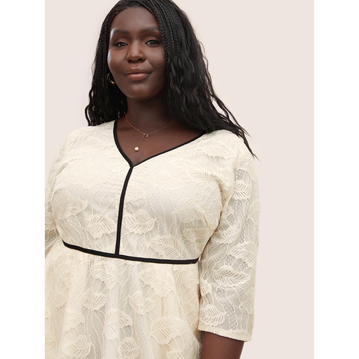 Plus Size Contrast Trim Lace V Neck Dress Apricot Women Elegant Non V-neck Elbow-length sleeve Curvy Midi Dress BloomChic 28/5X Product Image