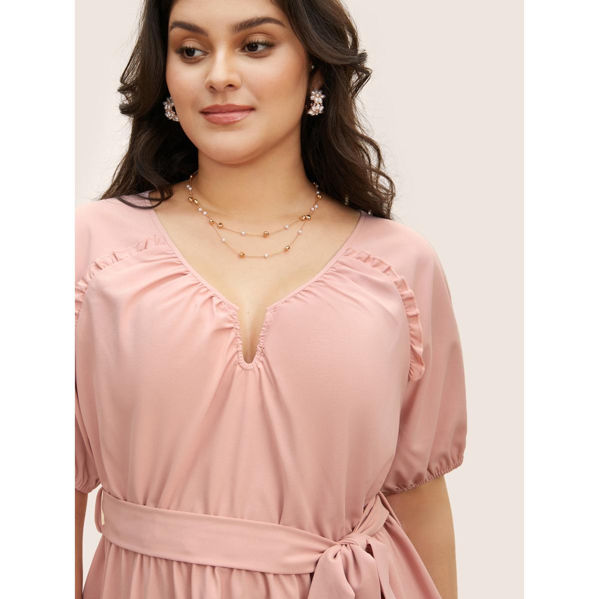 Plus Size Dirtypink Solid Frill Trim Lantern Sleeve Belted Blouse Women Elegant Short sleeve Notched collar Everyday Blouses BloomChic 12/L Product Image
