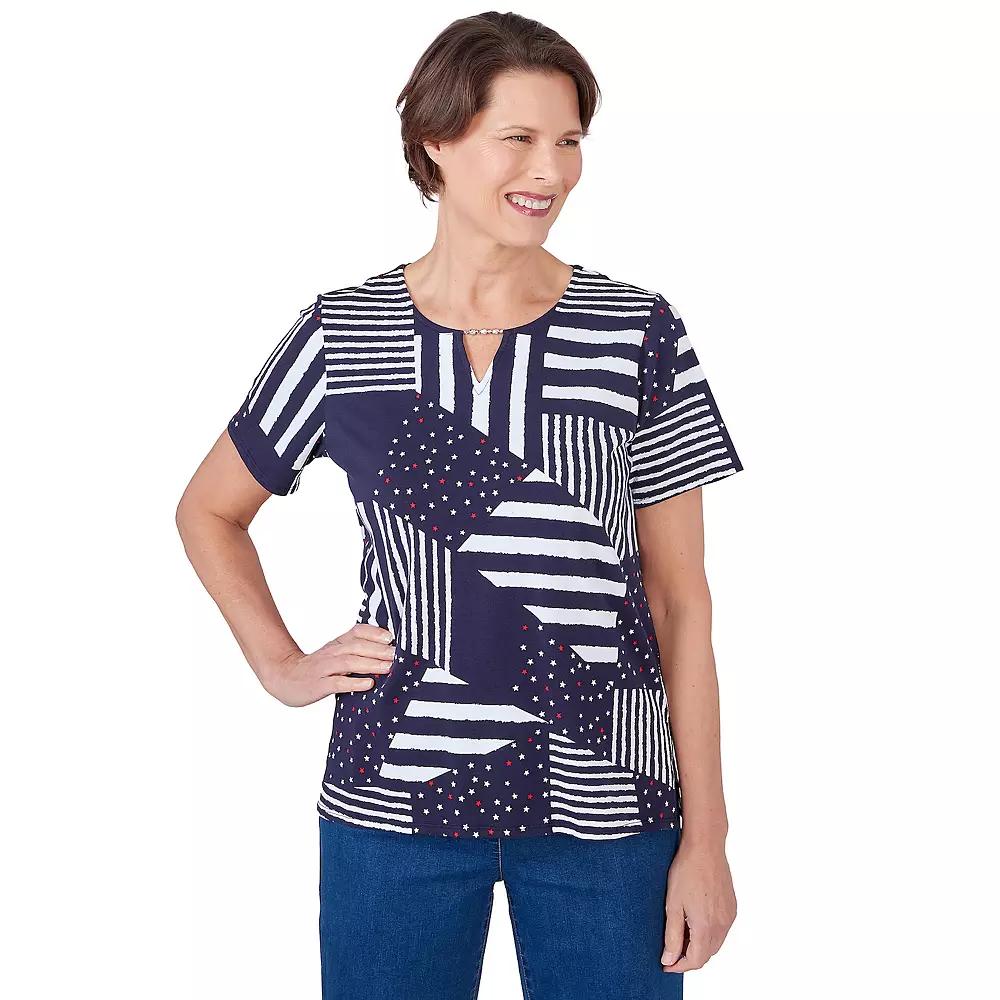 Women's Alfred Dunner Stars and Stripes Split Neck T-Shirt, Size: Medium, Blue Product Image