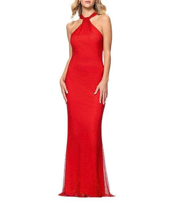 Betsy & Adam Mesh Rhinestone Halter Neck Sleeveless Sheath Gown Product Image