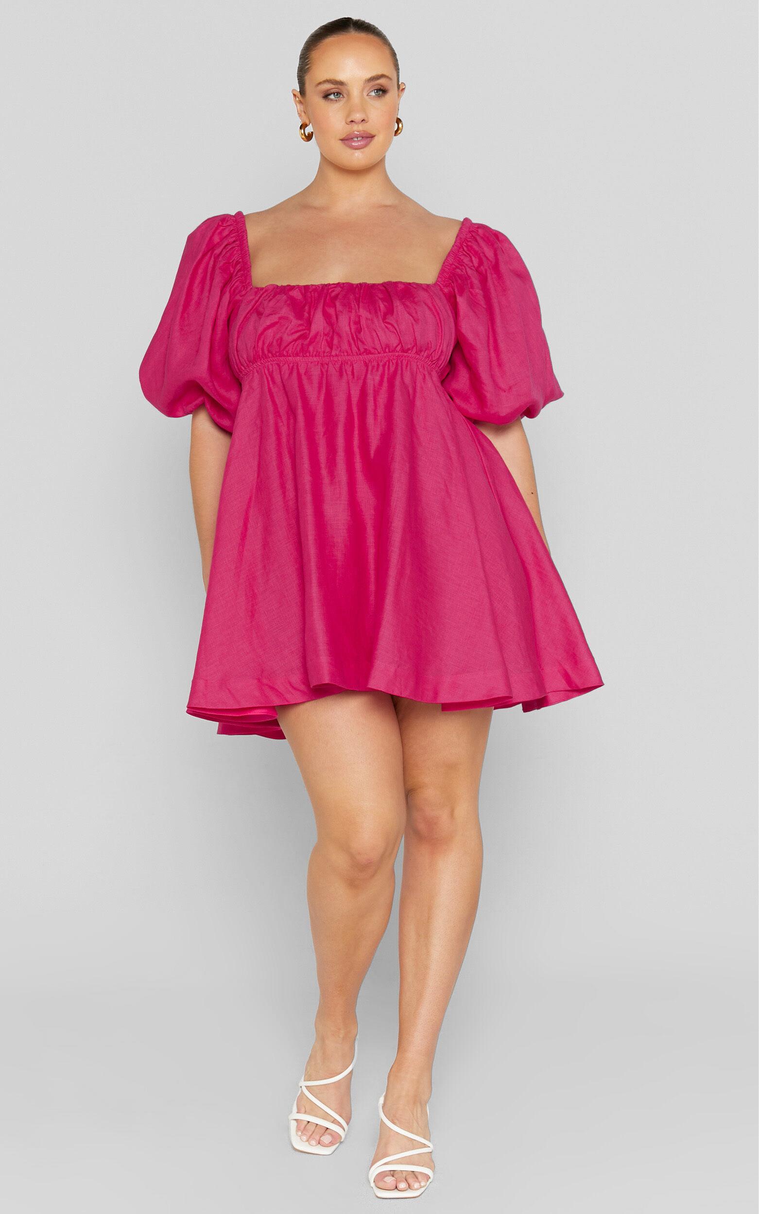 Amalie The Label - Hamyya Linen Tie Back Puff Sleeve Mini Linen Dress in Magenta Product Image