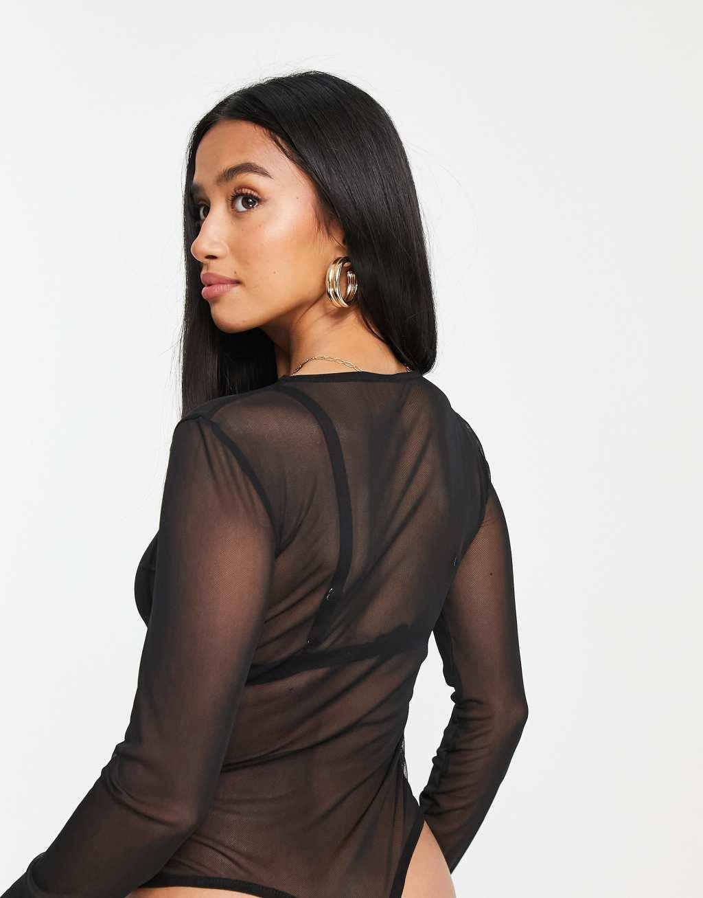 ASOS DESIGN Petite glitter mesh long sleeve bodysuit Product Image