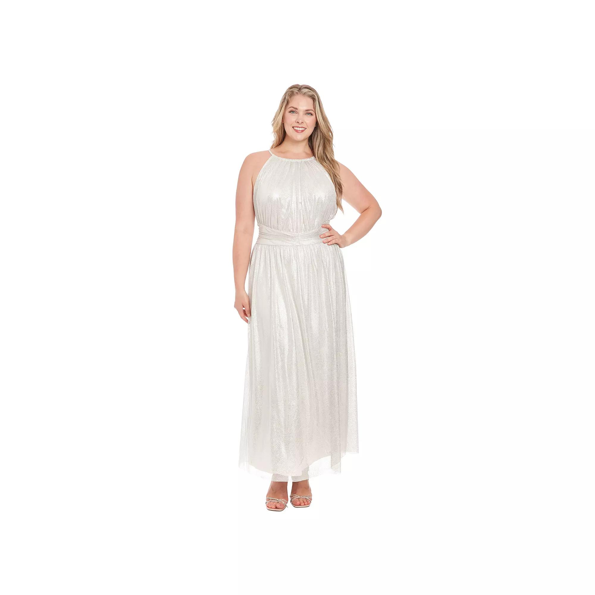 Plus Size London Times Ruched Halter Neck Shimmer Maxi Dress, Women's, Size: 18 W, Silver Product Image