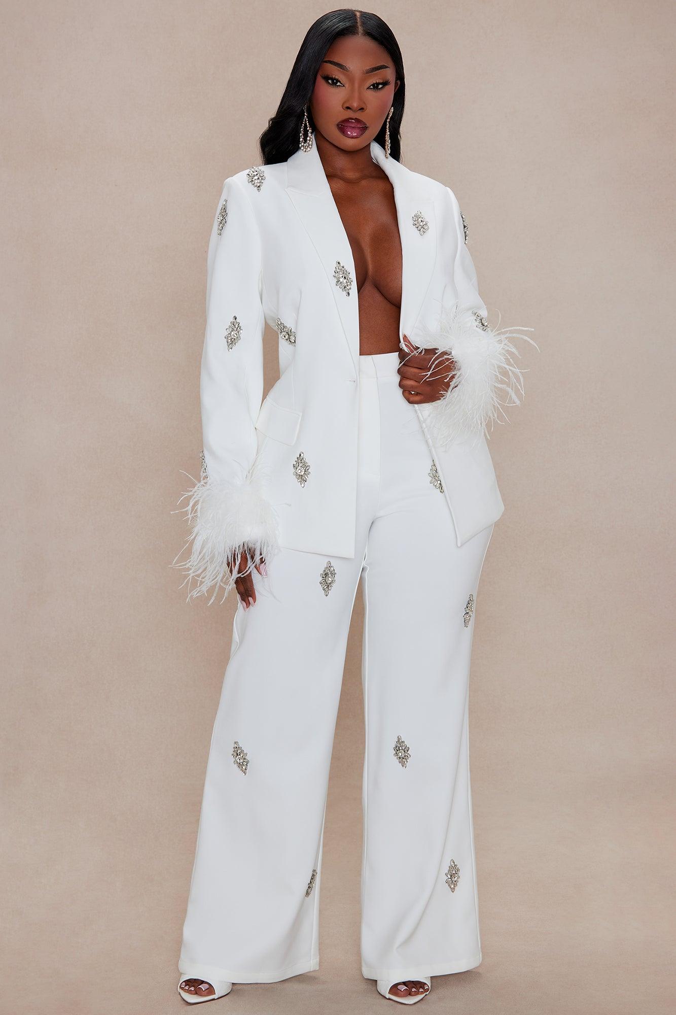 Liza Rhinestone Wide Leg Pant - White Female Product Image