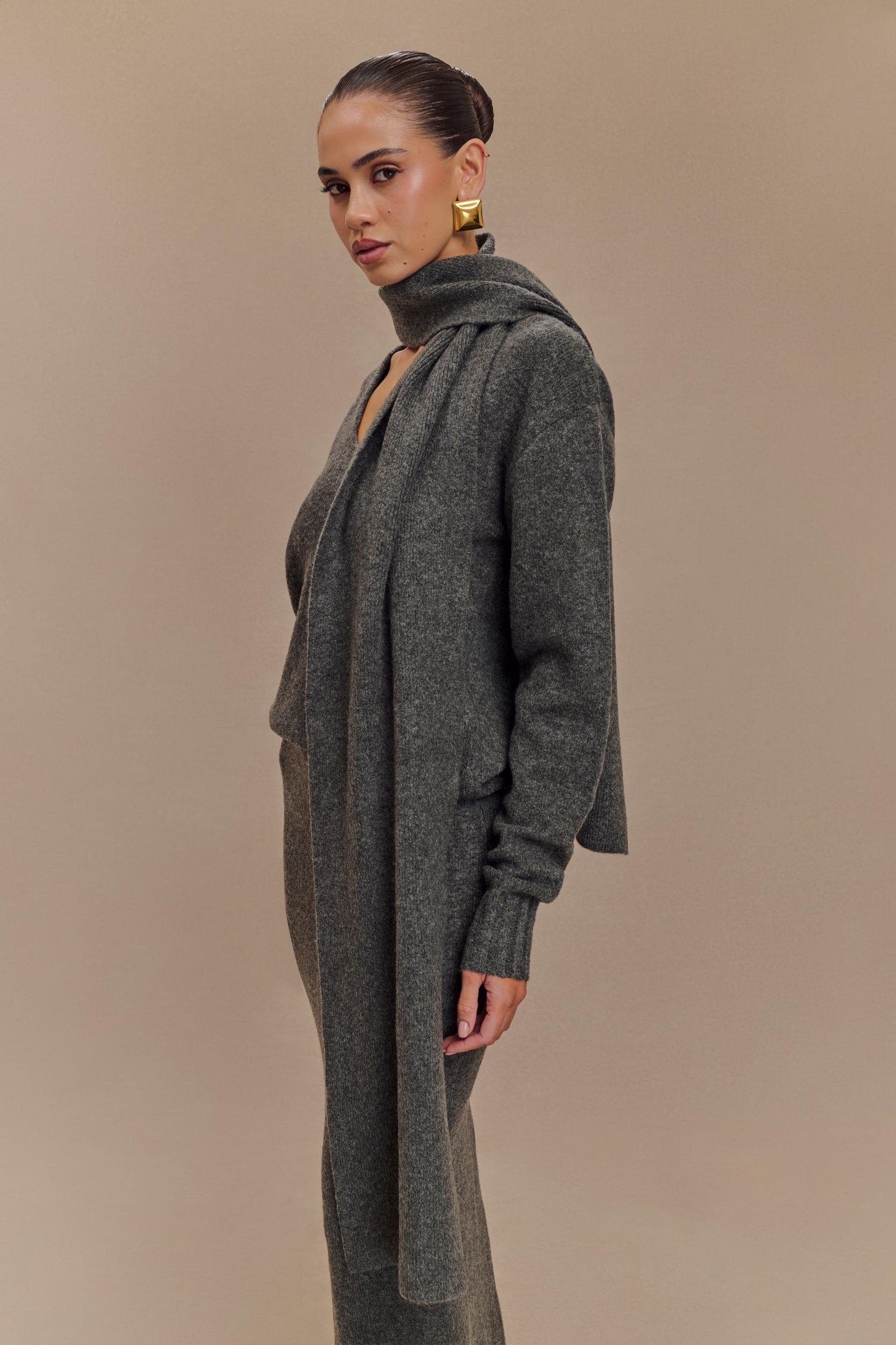 Ella V Neck Knit Jumper With Scarf - Charcoal Marle Product Image