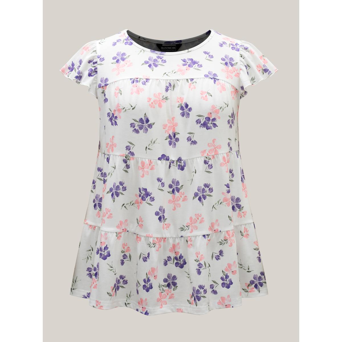 Plus Size Floral Print Flutter Sleeve Layered T-Shirt Multicolor Women Gathered Natural Flowers Round Neck Everyday-Elegant T-shirts BloomChic 10/M Product Image