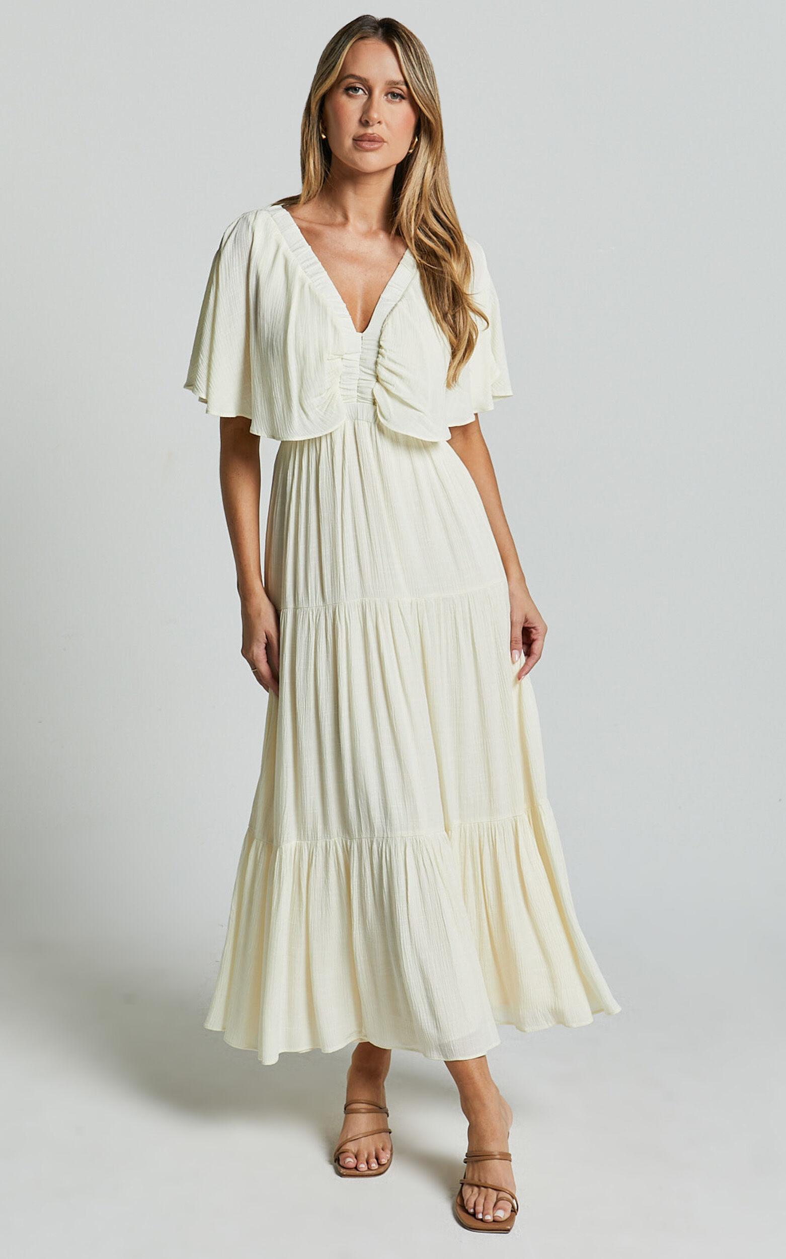 Danny Midi Dress - Ruffle Sleeve Tiered Dress in Natural Product Image