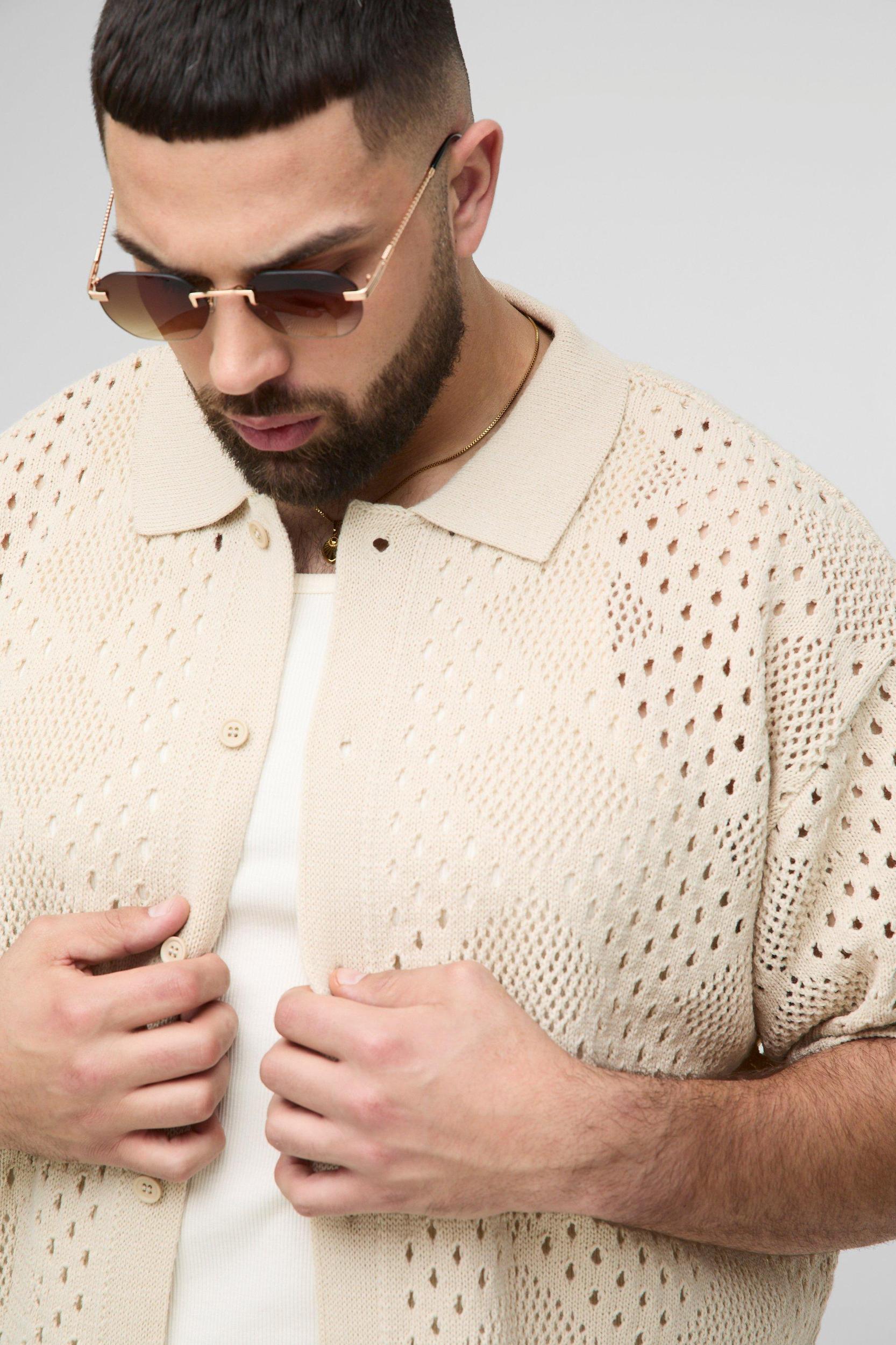 Plus Relaxed Fit Open Stitch Knitted Shirt | boohooMAN USA Product Image