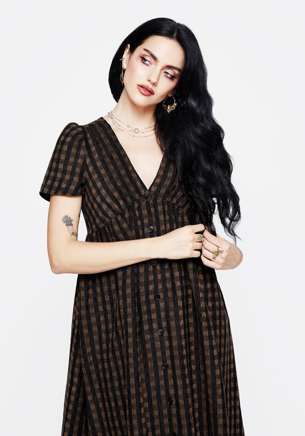 Rydal Check Button Up Midi Dress - Brown Product Image
