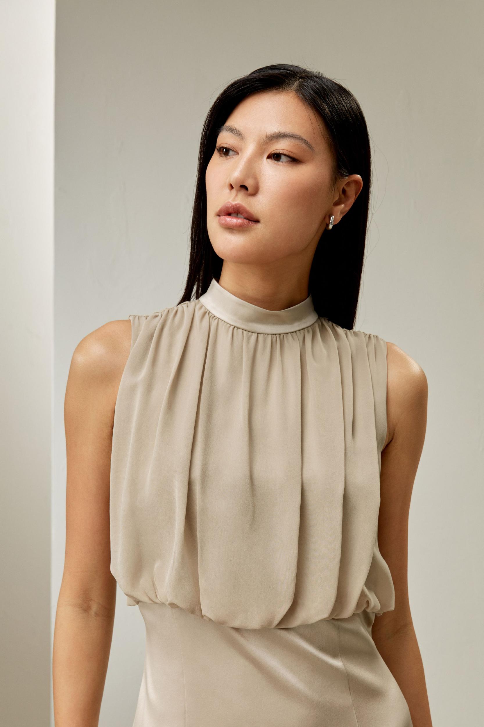 Pleated Sleeveless Midi Silk Dress Product Image