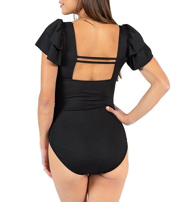 Janela Bay Black Ribbed Double Ruffle Sleeves Square Neck One Piece Swimsuit Product Image