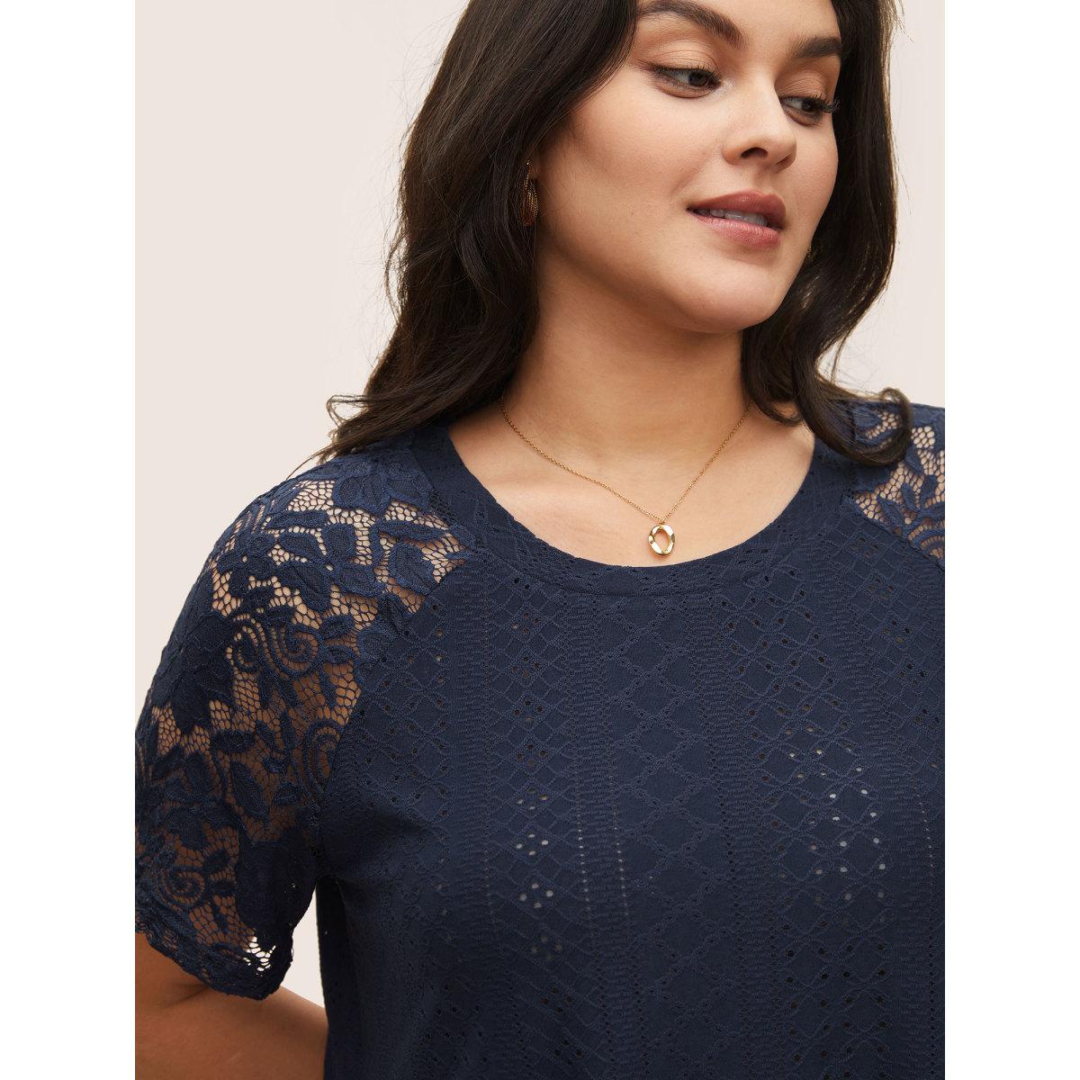 Plus Size Solid Broderie Anglaise Lace Raglan Sleeve T-shirt Midnight Women Elegant See through Plain Round Neck Everyday T-shirts BloomChic 18-20/2X Product Image