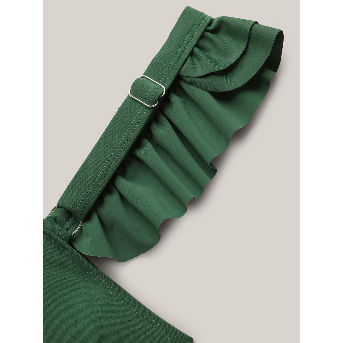 Plus Size Ruffled Straps Cinched Swim Dress Women's Swimwear ArmyGreen Beach Gathered High stretch Bodycon Heart neckline Curve Swim Tops BloomChic 14-16/1X Product Image