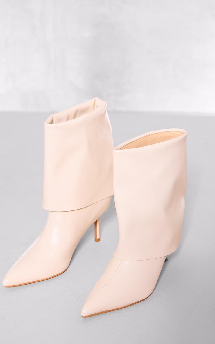 Cream PU Point Toe Fold Over Low Heeled Ankle Boots Product Image