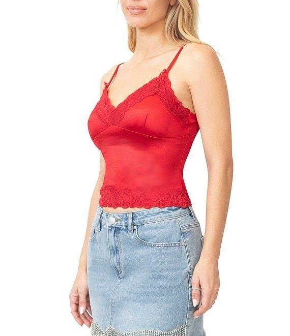 Stevie by Steve Madden Stretch Satin V-Neck Lace Trim Cami Top Product Image