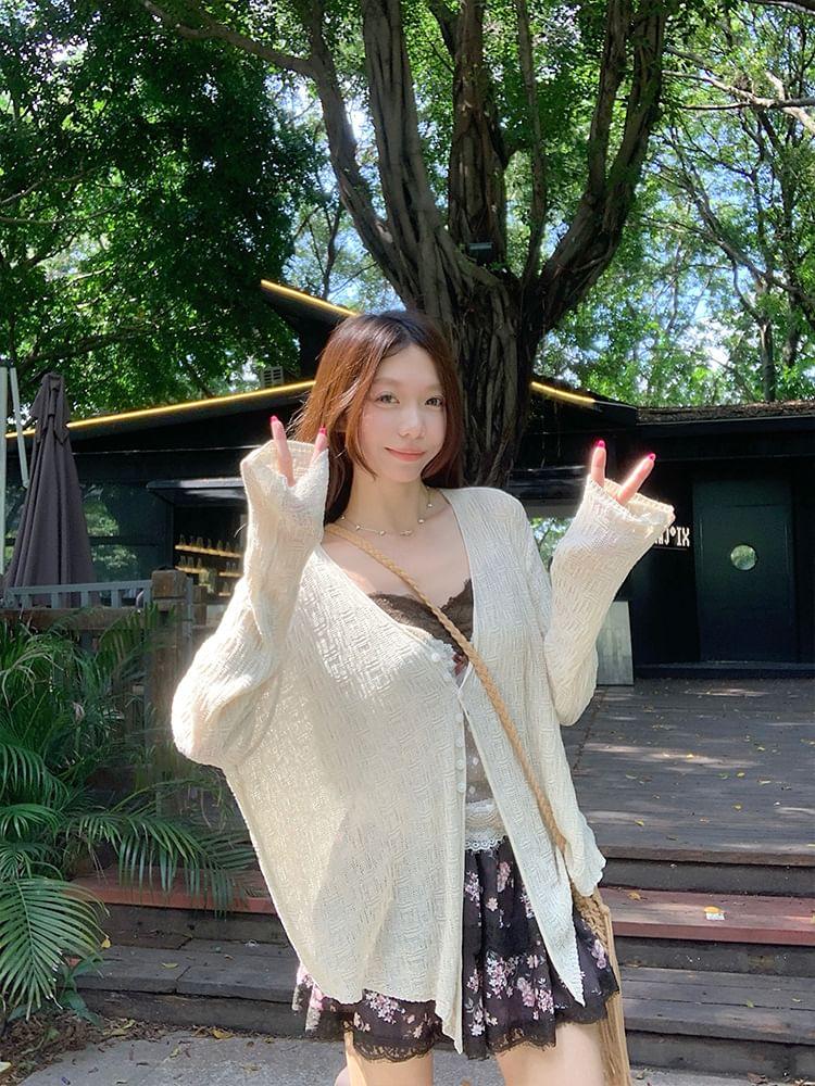 V-Neck Button-Up Plain Sheer Slit Cardigan Product Image