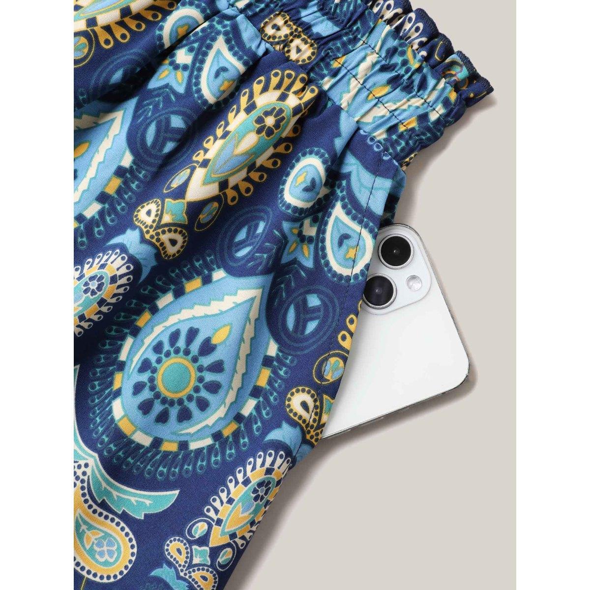 Plus Size Bohemian Floral Print Pleated Maxi Skirt Women Cerulean Resort Pleated Low stretch Slanted pocket Vacation Skirts BloomChic 30/6X Product Image