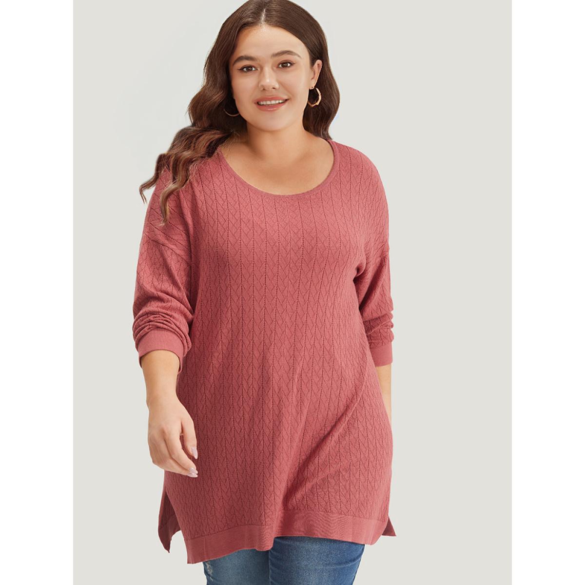 Plus Size Supersoft Essentials Geometric Split Side Loose Pullover Russet Women Casual Loose Long Sleeve Round Neck Everyday Pullovers BloomChic 26/4X Product Image