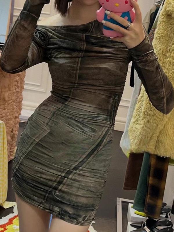 All Over Print Off Shoulder Flower Decor Ruched Mini Dress Product Image