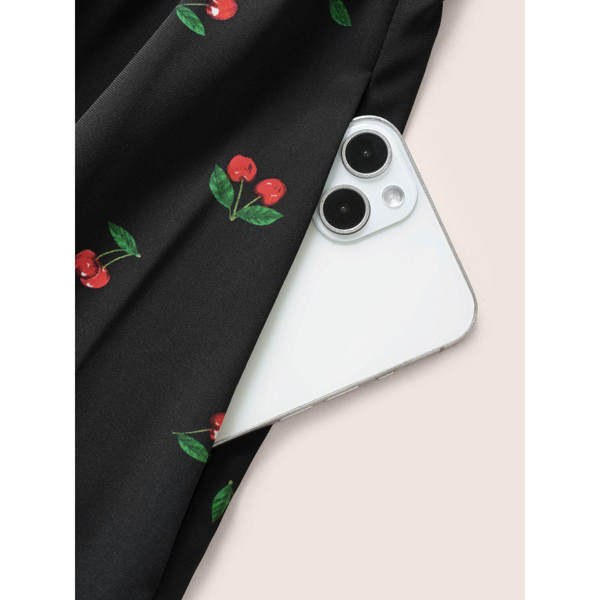 Plus Size Citrus Fruit Print Heart Neckline Drawstring Pleated Dress Black Women Elegant Pleated Heart neckline Short sleeve Curvy Midi Dress BloomChic 22-24/3X Product Image