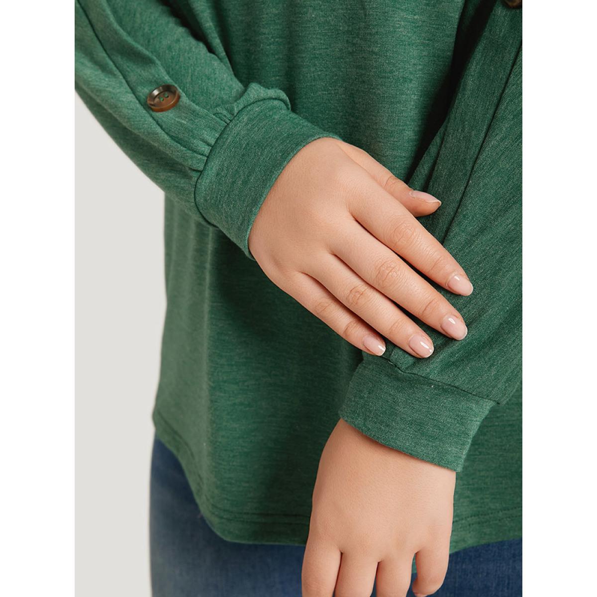 Plus Size Solid Round Neck Button Detail Dolman Sleeve Sweatshirt Women DarkGreen Casual Elastic cuffs Round Neck Dailywear Sweatshirts BloomChic 22-24/3X Product Image
