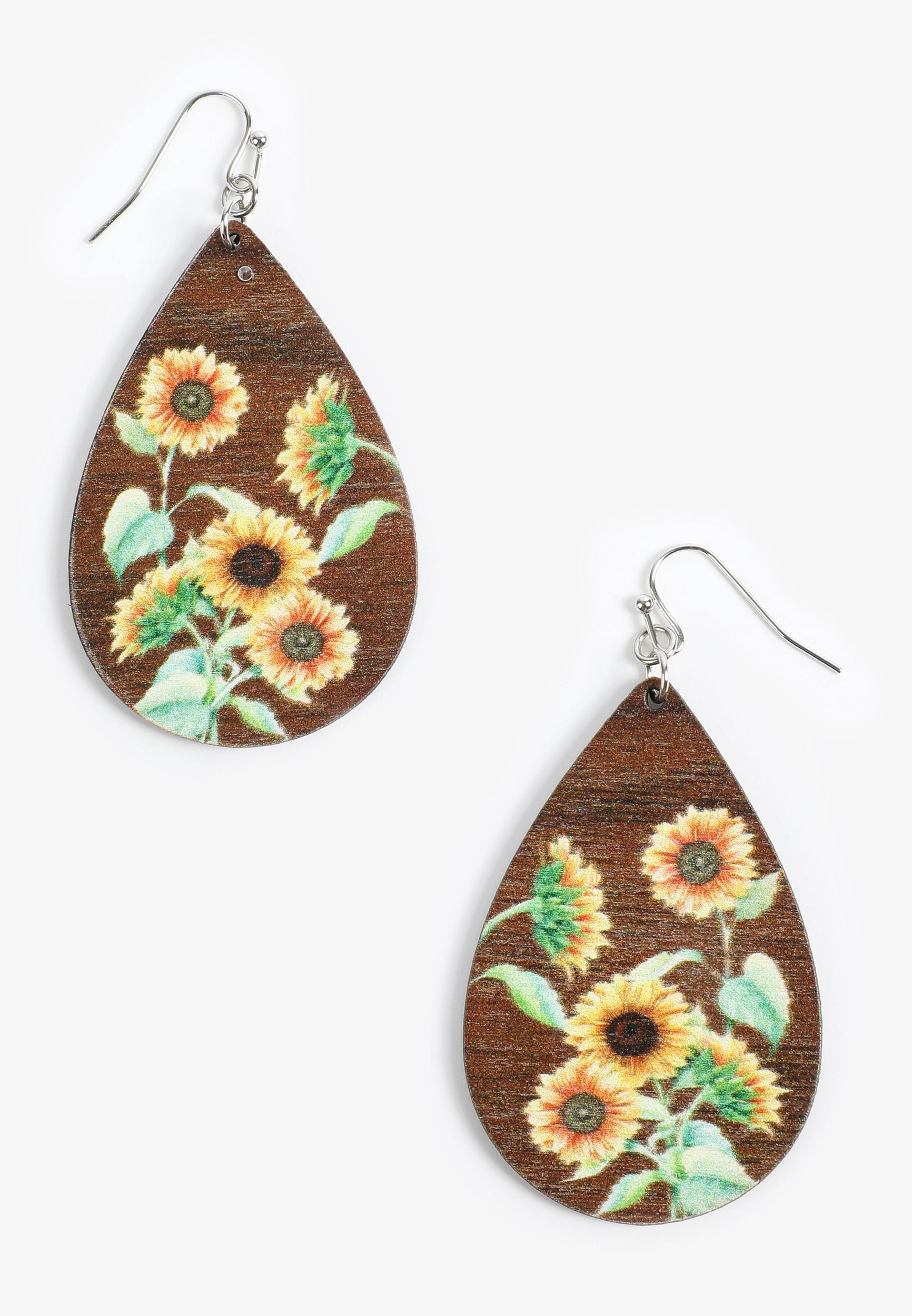 Sunflower Painted Wooden Drop Earrings Product Image