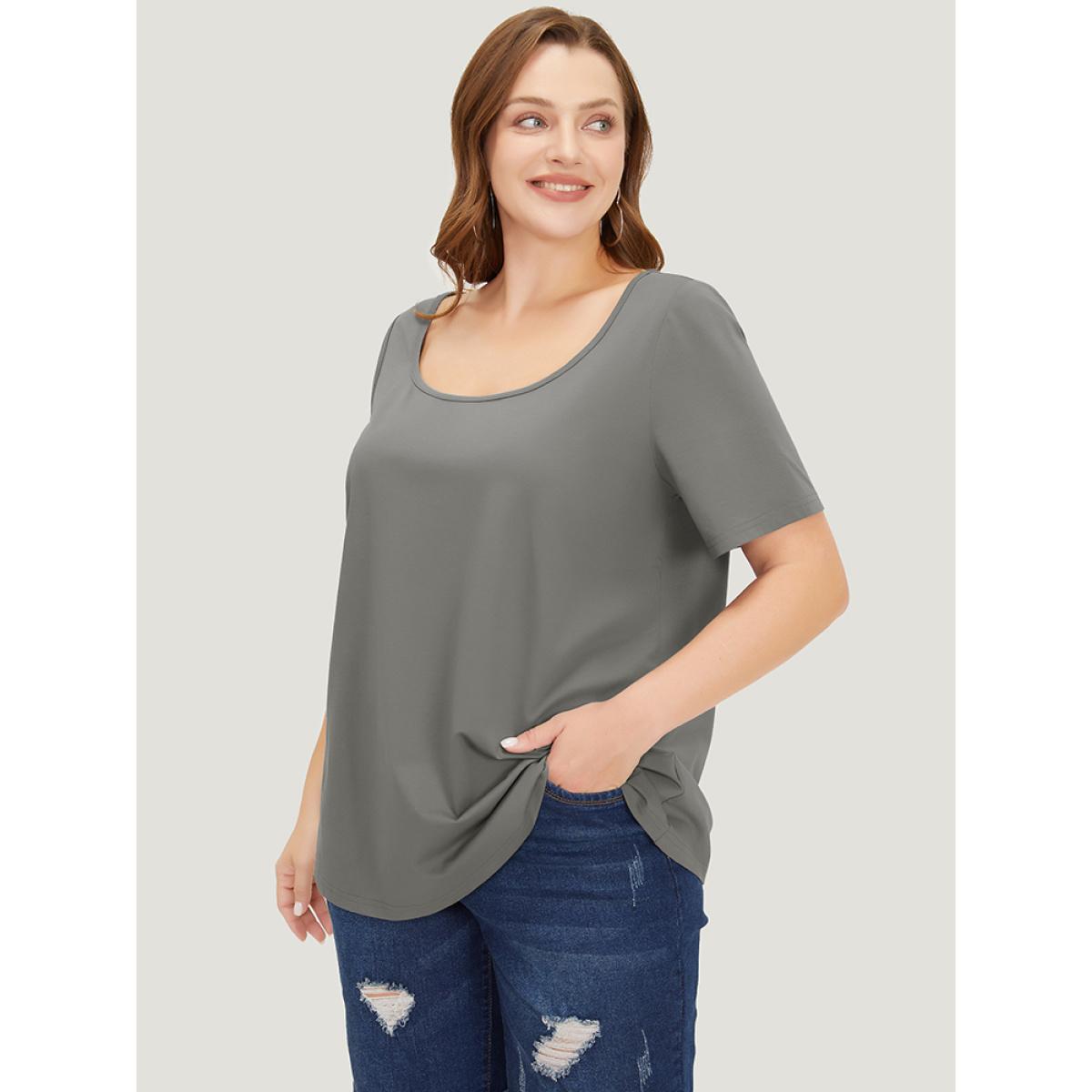 Plus Size UltraCool Plain Short Sleeve Scoop Neck T-shirt DimGray Women Basics Plain Scoop Neck Dailywear T-shirts BloomChic 10/M Product Image
