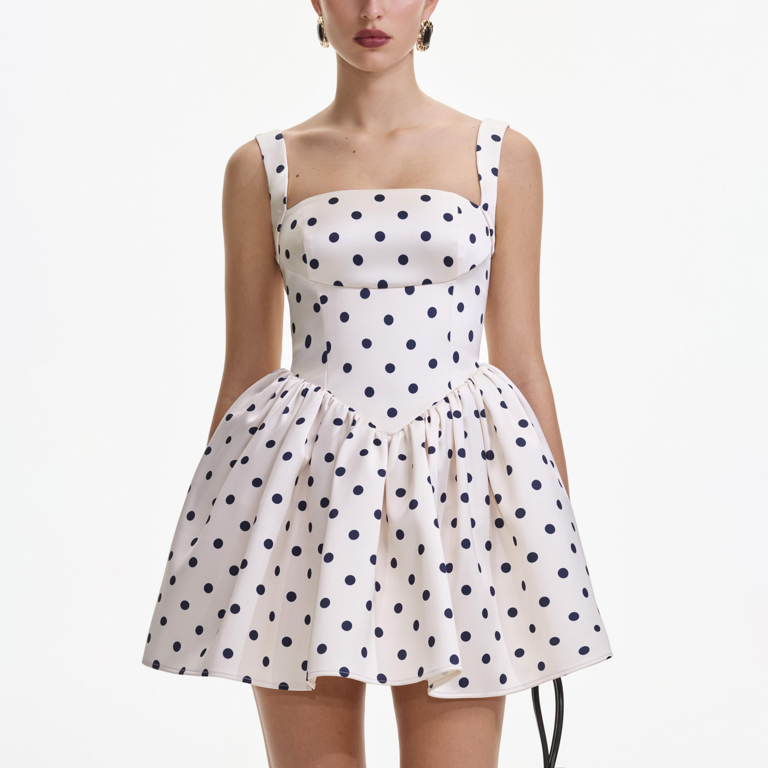 Cream Polka Dot Satin Mini Dress Product Image