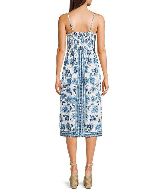 Angie Allover Floral Print V-Neck Crochet Trim Tie Front Midi Dress Product Image