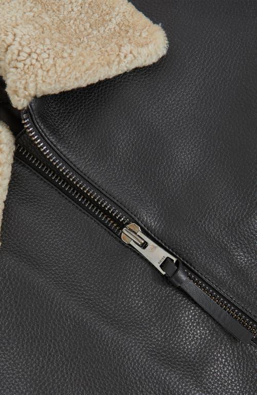 REISS Shaker Shearling Collar Leather Bomber Jacket In Black Product Image