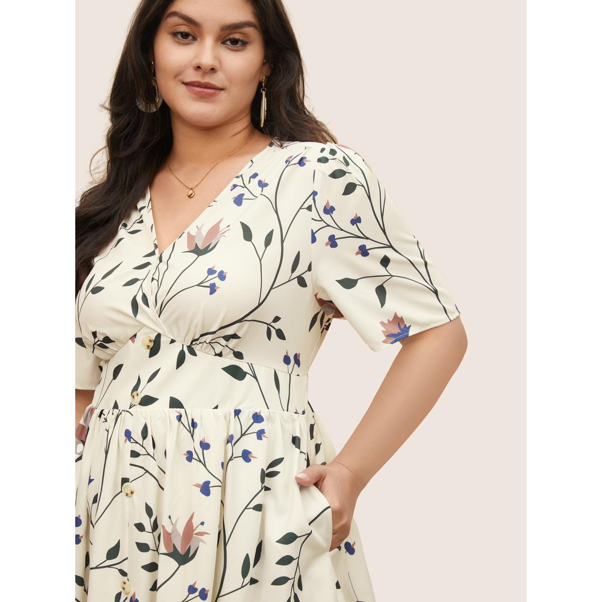 Plus Size Plants Print Elastic Waist Gathered Wrap Dress WhiteSmoke Women Elegant Non Overlap Collar Short sleeve Curvy Midi Dress BloomChic 18-20/2X Product Image