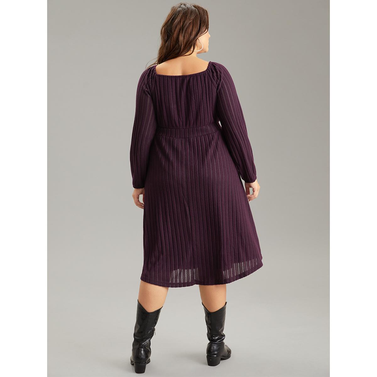 Plus Size Solid Rib Knit Gathered Scoop Neck Dress Purple Women Basics Elastic cuffs Scoop Neck Long Sleeve Curvy Midi Dress BloomChic 26/4X Product Image