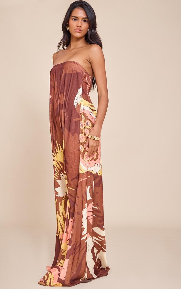 Brown Printed Oversized Bandeau Shift Maxi Dress Product Image