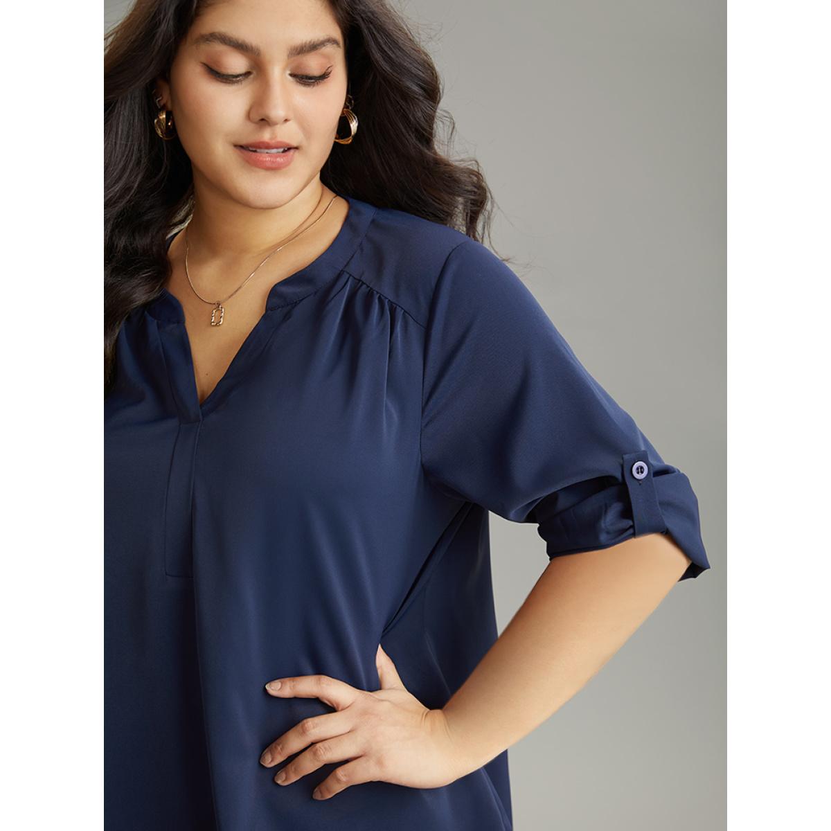 Plus Size Indigo Static-Free Solid Gathered Tab Sleeve Blouse Women Office Long Sleeve V-neck Office Blouses BloomChic 22-24/3X Product Image