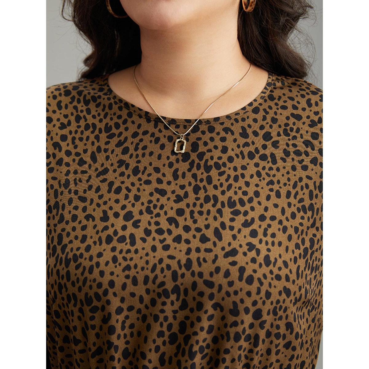 Plus Size Leopard Print Pocket Split Side Keyhole Dress DarkBrown Women Elegant Elastic cuffs Round Neck Long Sleeve Curvy Midi Dress BloomChic 22-24/3X Product Image