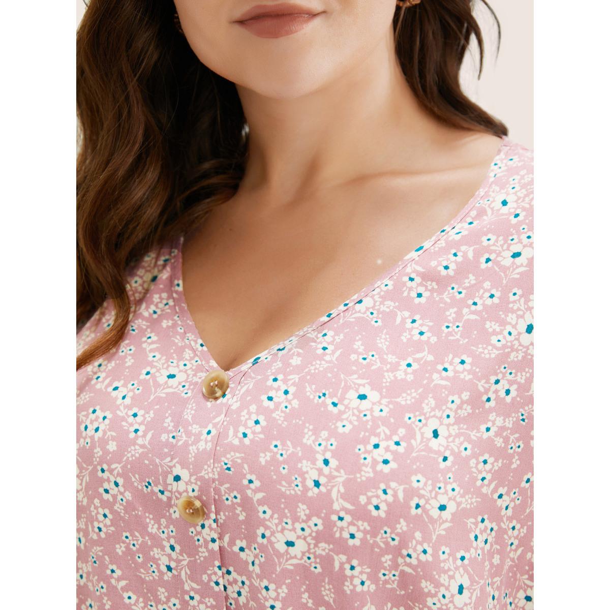 Plus Size Pink Ditsy Floral Contrast Ruffle Sleeve Button Detail Blouse Women Elegant Short sleeve Non Everyday Blouses BloomChic 12/L Product Image