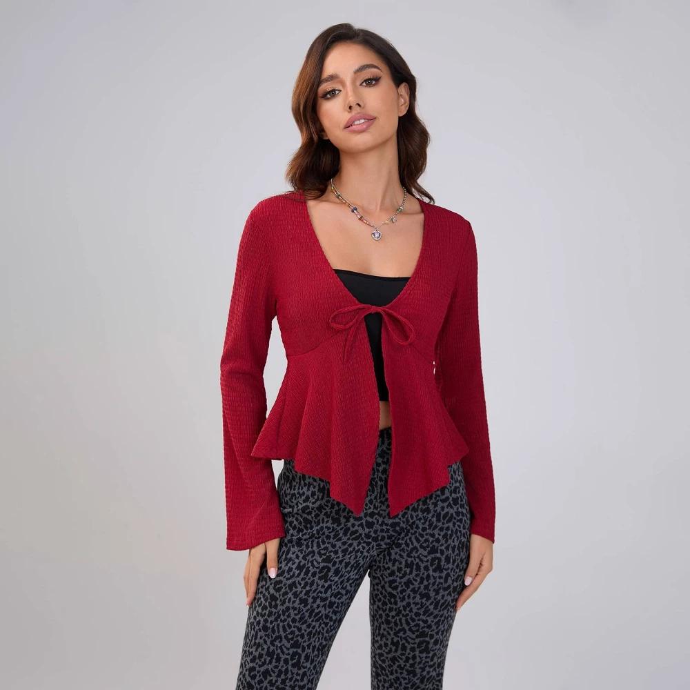 Women's V-Neck Knotted Long Sleeve Blouse - Wild Fable™ Burgundy L Product Image