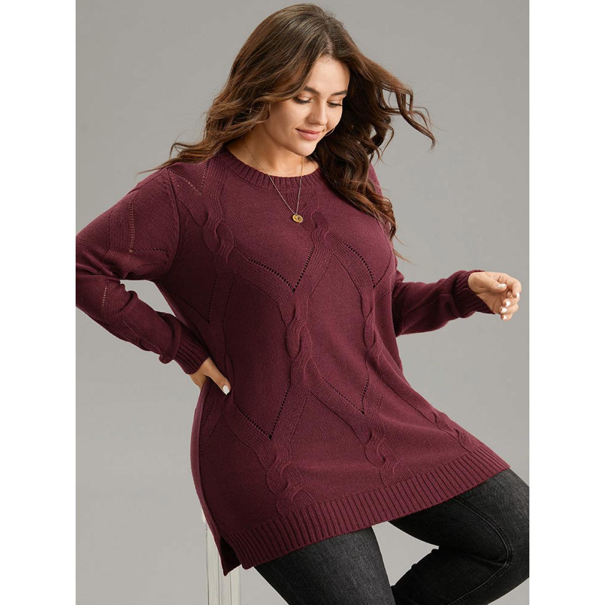 Plus Size Eyelet Cable Knit Elastic Hem Pullover Burgundy Women Casual Loose Long Sleeve Round Neck Dailywear Pullovers BloomChic 14-16/1X Product Image