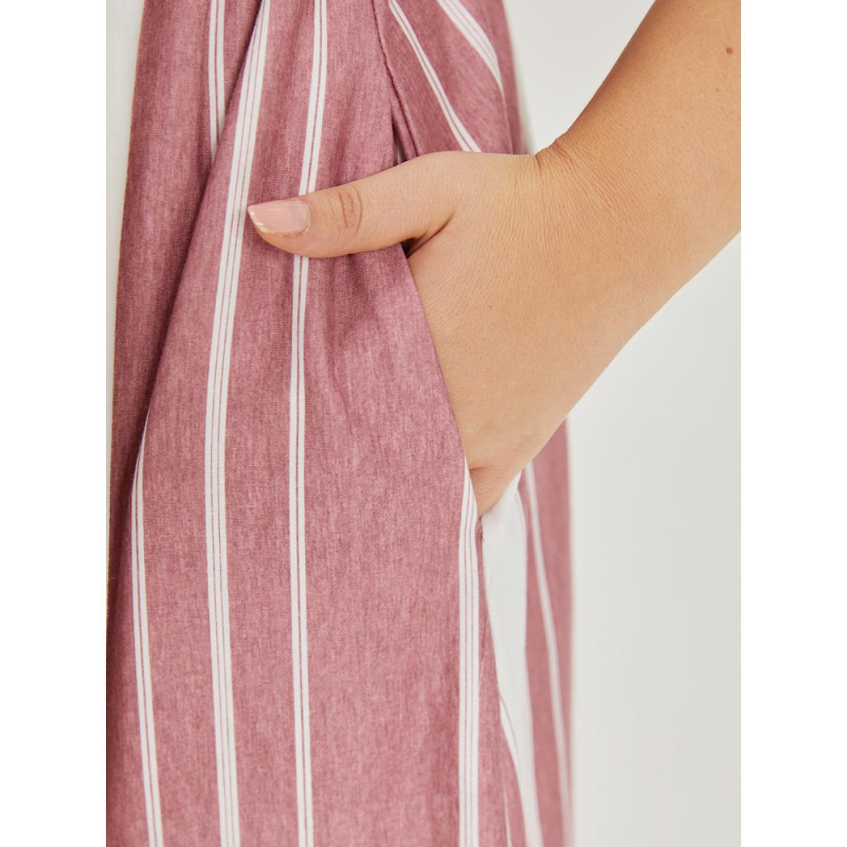 Plus Size Striped Print Pocket Twist Front Dress DustyPink Women Casual Elastic Waist V-neck Short sleeve Curvy Midi Dress BloomChic 22-24/3X Product Image