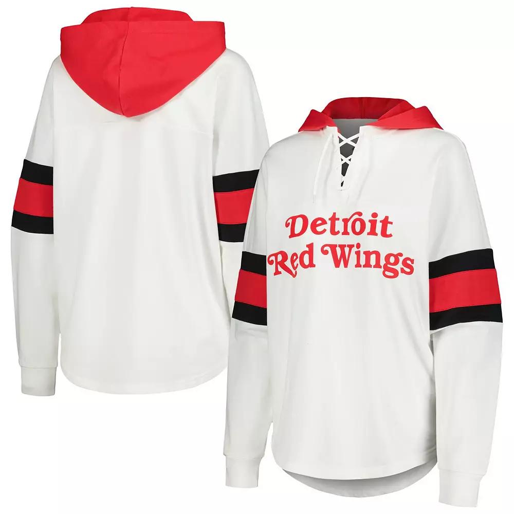 Women's G-III 4Her by Carl Banks White/Red Detroit Red Wings Goal Zone Long Sleeve Lace-Up Hoodie T-Shirt, Size: 2XL Product Image