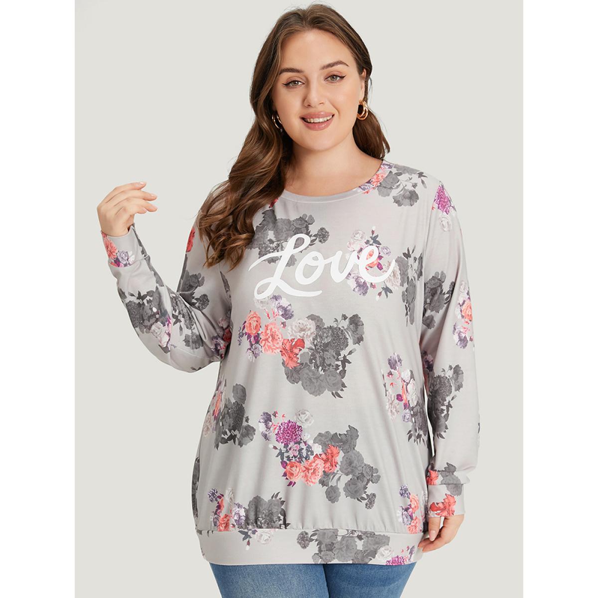 Plus Size Letter & Floral Print Crew Neck Sweatshirt Women Multicolor Elegant Printed Round Neck Dailywear Sweatshirts BloomChic 22-24/3X Product Image