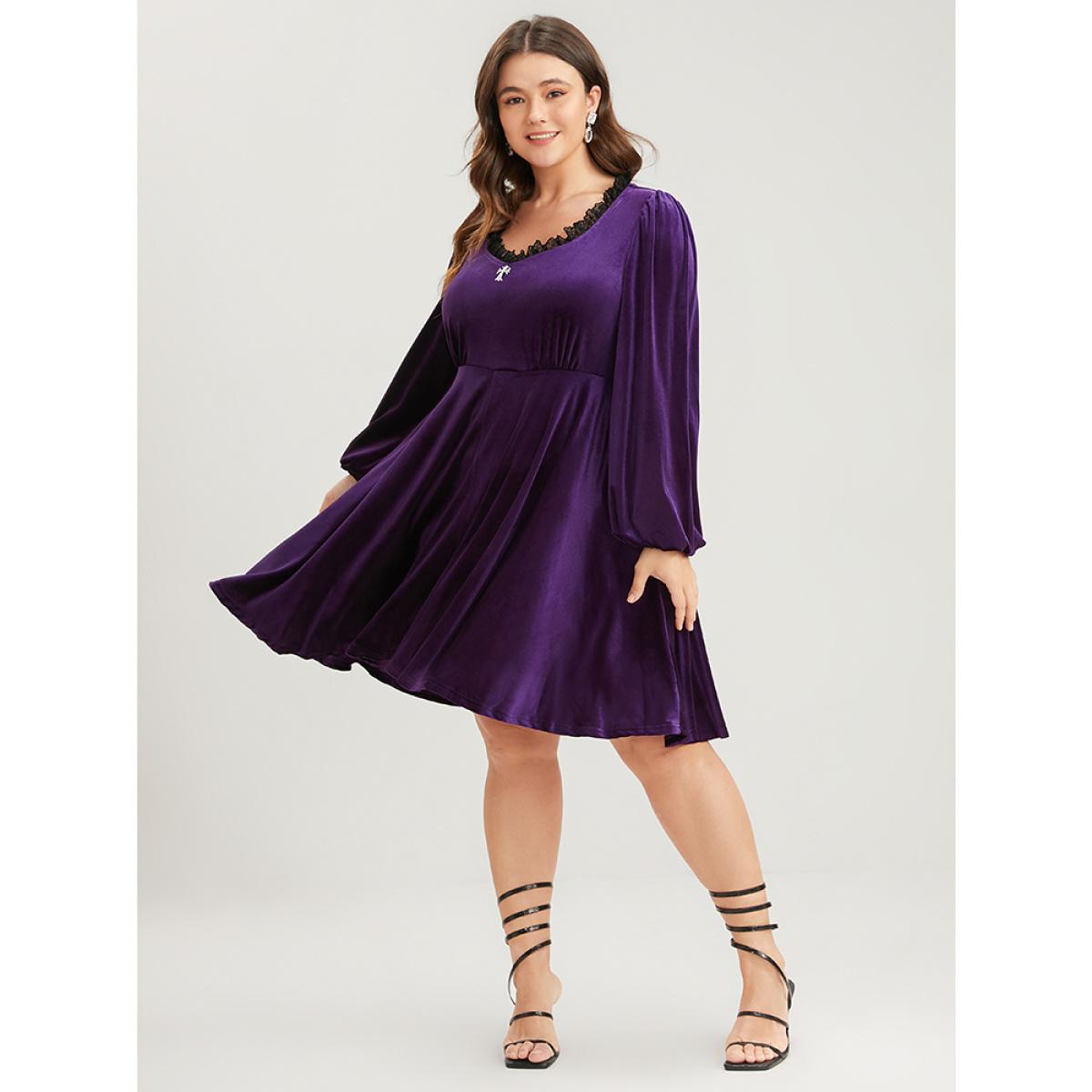 Solid Party High Waist Vintage Plus Size Women Knee Dress Going out Plain Pocket Moderately Stretchy Lantern Sleeve Long Sleeve V Neck Glamour Dresses BloomChic Product Image