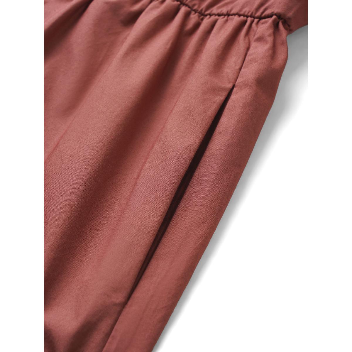 Plus Size Lapel Collar Gathered Pocket Lantern Sleeve Dress Russet Women Casual Gathered Lapel Collar Long Sleeve Curvy Knee Dress BloomChic 22-24/3X Product Image