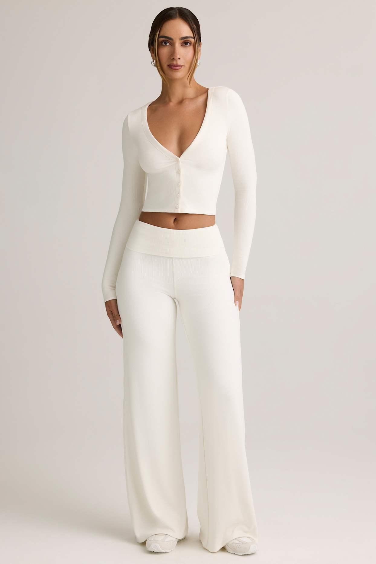 Modal Foldover Wide-Leg Trousers in White Product Image