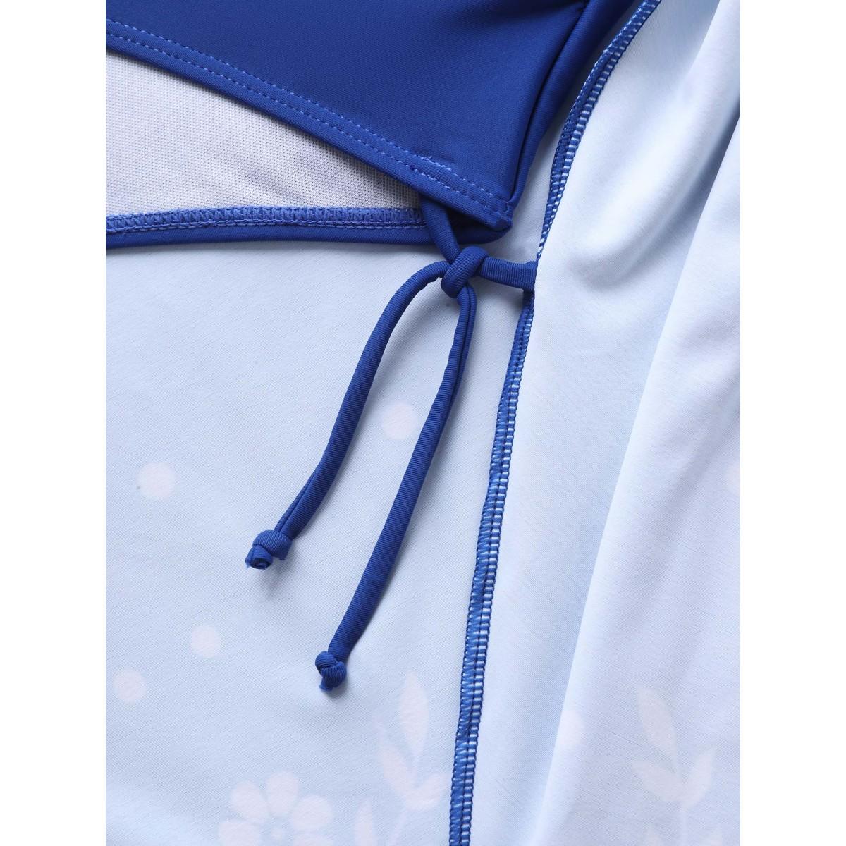 Plus Size Anti-Float Tie Floral Print Embroidered Swim Dress Women's Swimwear Mediumblue Beach Bodycon Overlap Collar High stretch Curve Swim Dresses BloomChic 28/5X Product Image